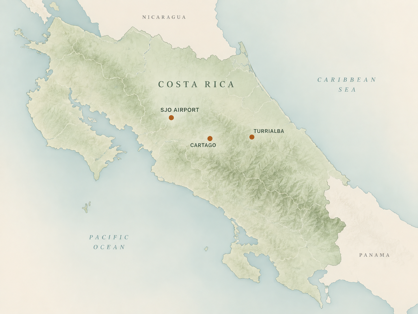 Illustrated map of Costa Rica showing SJO Airport, Cartago, Turrialba, and Hotel Rivel