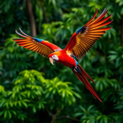 Scarlet macaw in flight