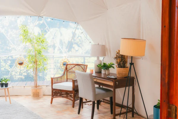 Couples dome seating area with a mountain view