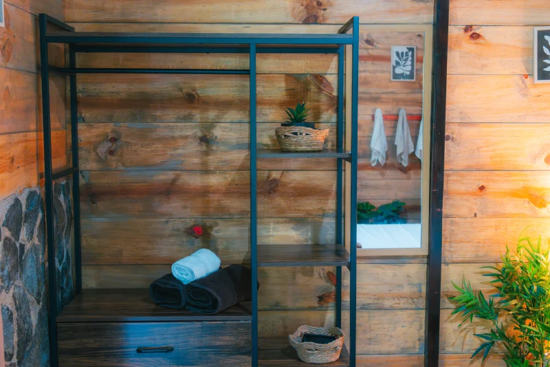 River Lodge kitchenette with a window onto the forest