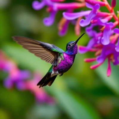 Violet sabrewing hummingbird at a flower
