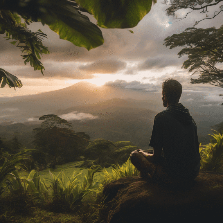 person sitting on stone enjoying the mountain view
