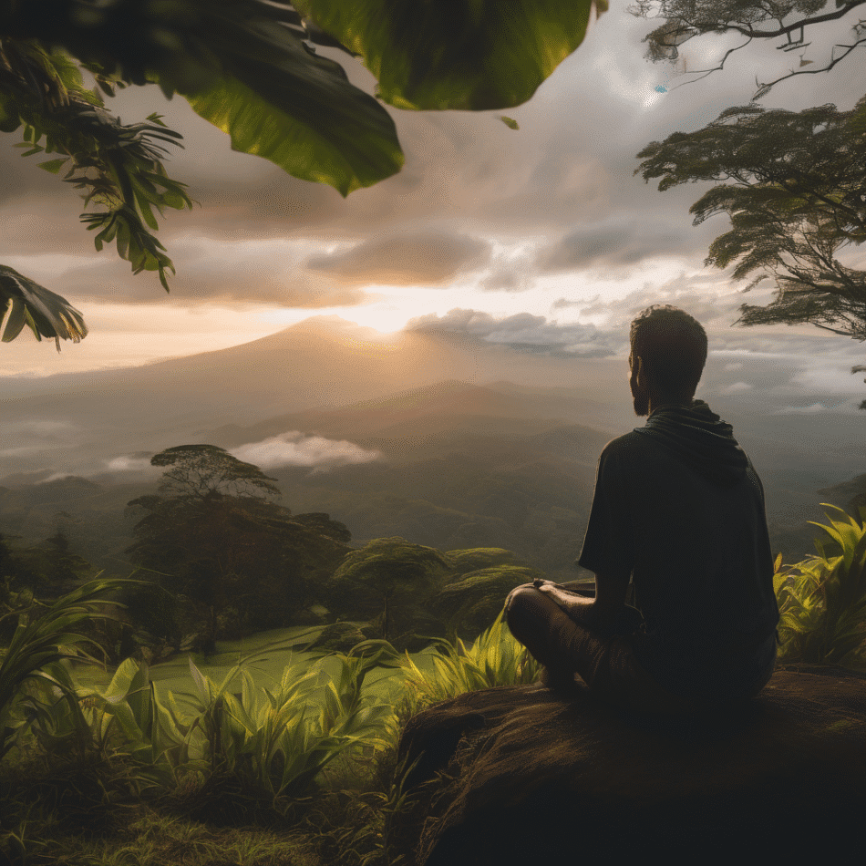 person sitting on stone enjoying the mountain view